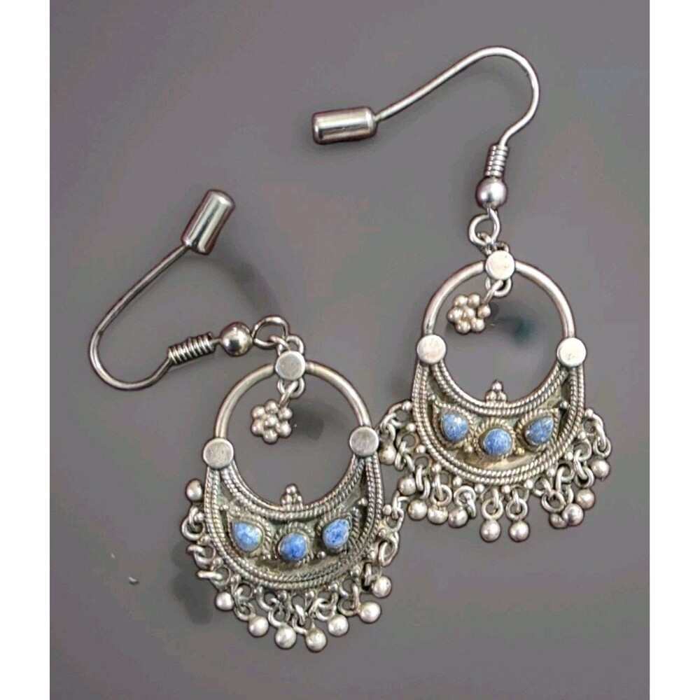 925 Sterling Silver Chandbali Earrings Turquoise Crescent Moon Tribal Dangle